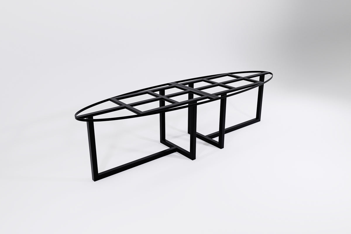 A black modular metal frame designed for use as a table base, with an oval shape and table leg supports.