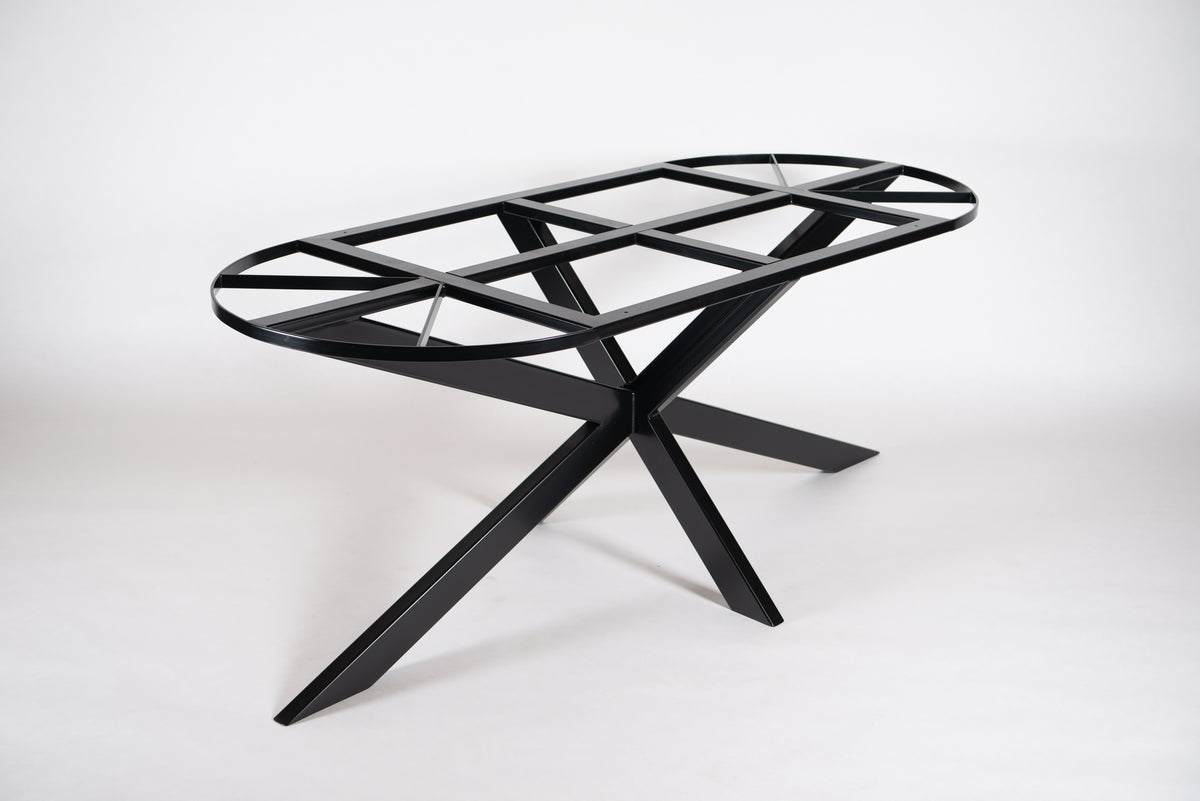 black metal table base with round ends, oblong shaped to support round end stone table top