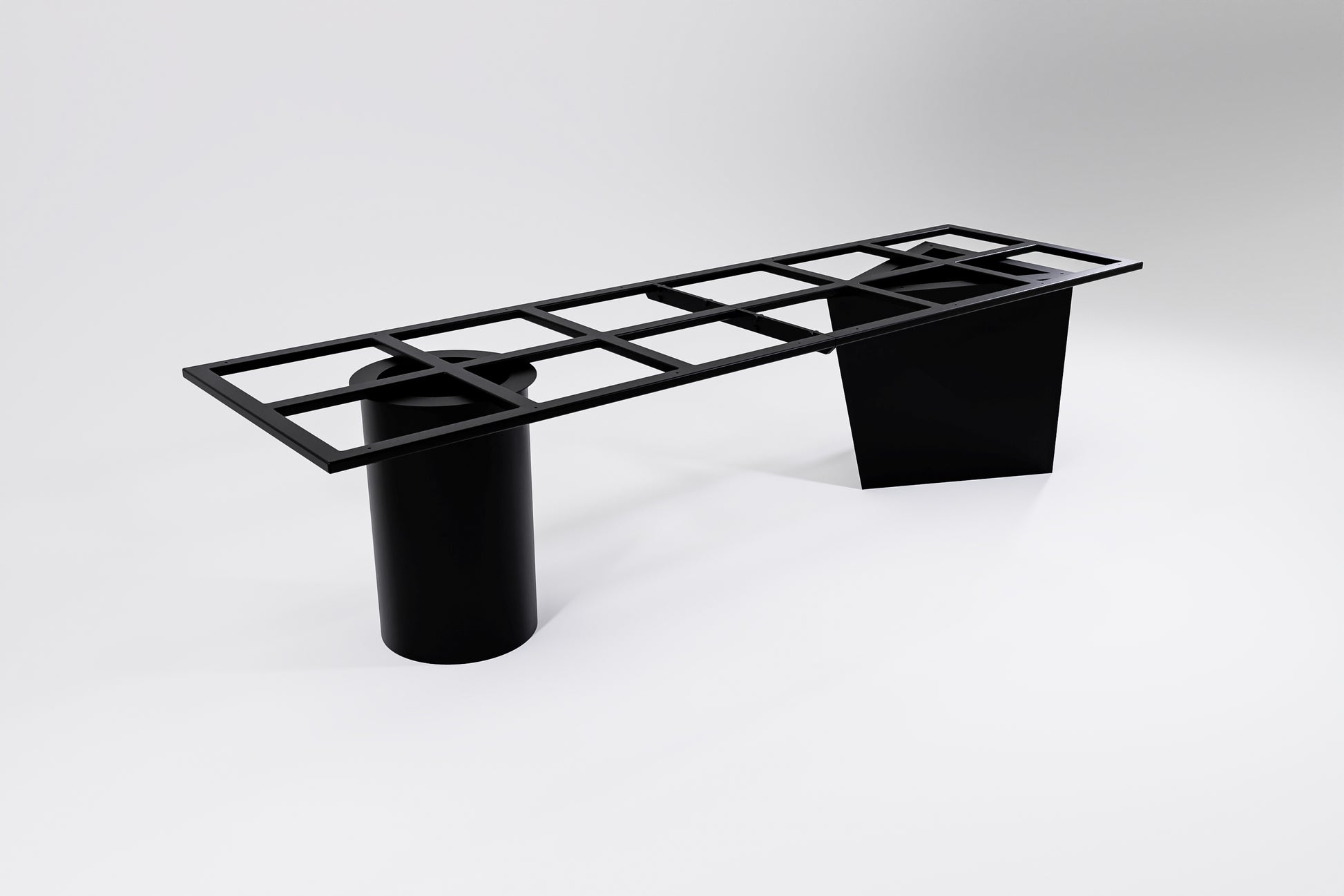 A black, modular table base with geometric and pedestal design, consisting of a sub-frame and table legs