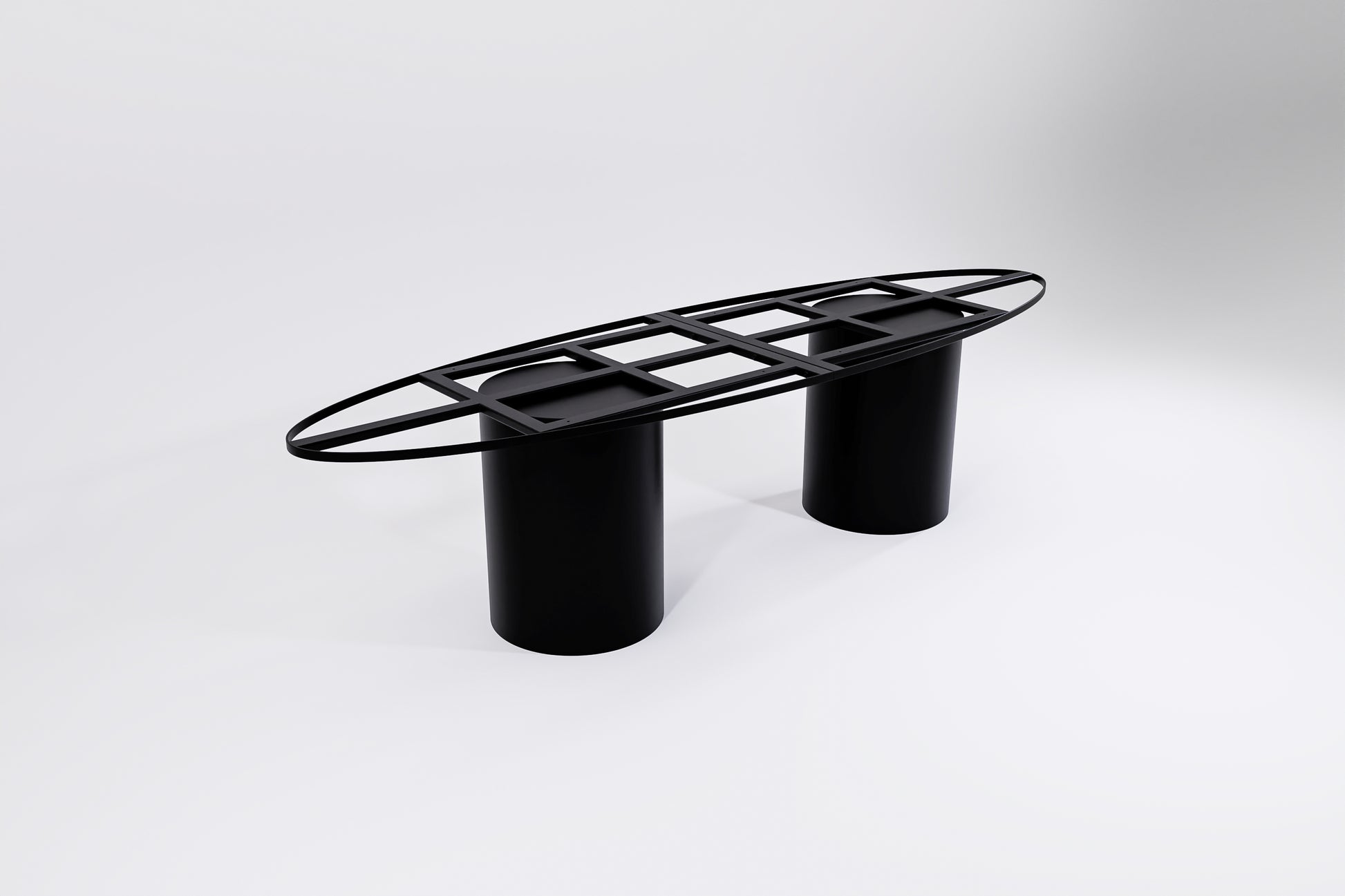 A black modular dining table base with two cylindrical legs connected by an oval frame.