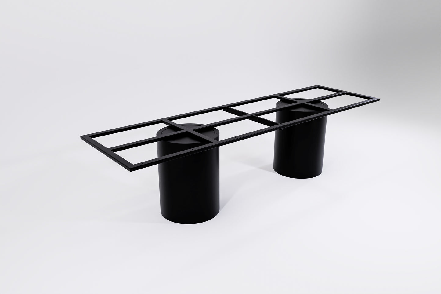 A black modular table base consisting of two cylindrical pedestal legs and a connecting frame.