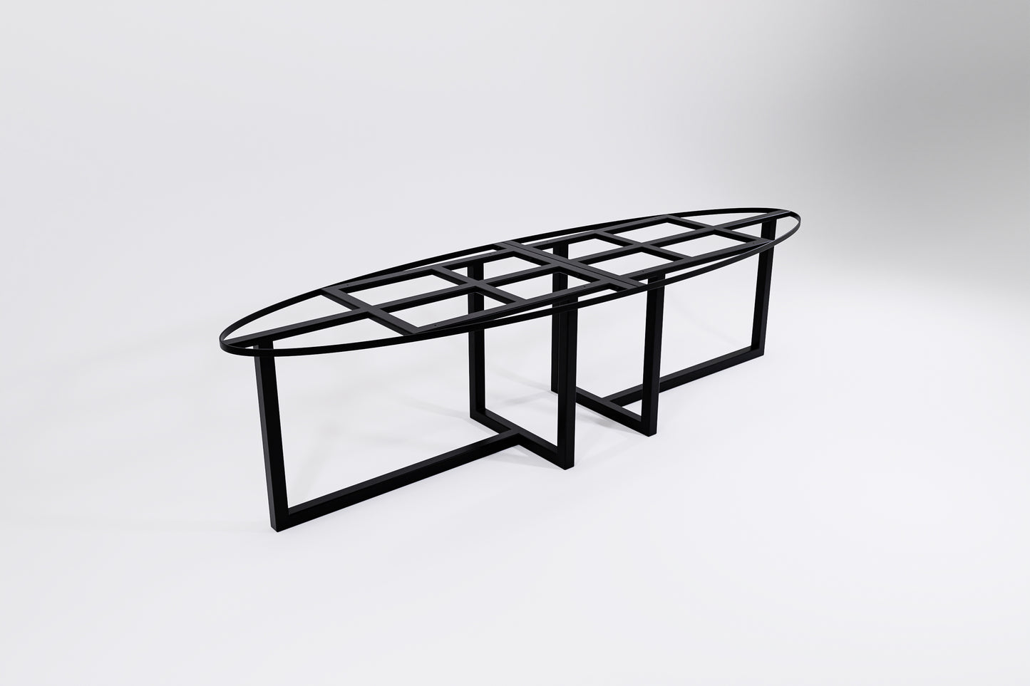 A black modular metal frame designed for use as a table base, with an oval shape and table leg supports.