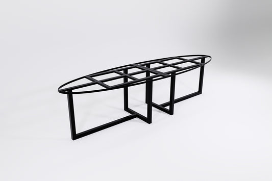 A black modular metal frame designed for use as a table base, with an oval shape and table leg supports.