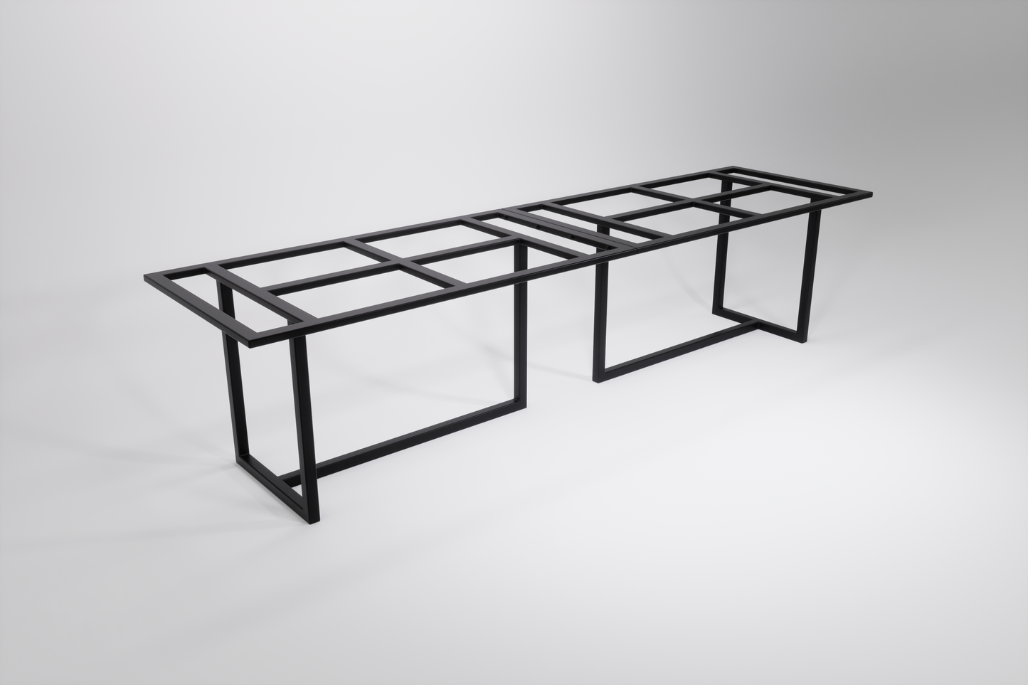 A black modular heavy-duty table base designed to be bolted together, consisting of two sections that form a long table base with multiple legs.