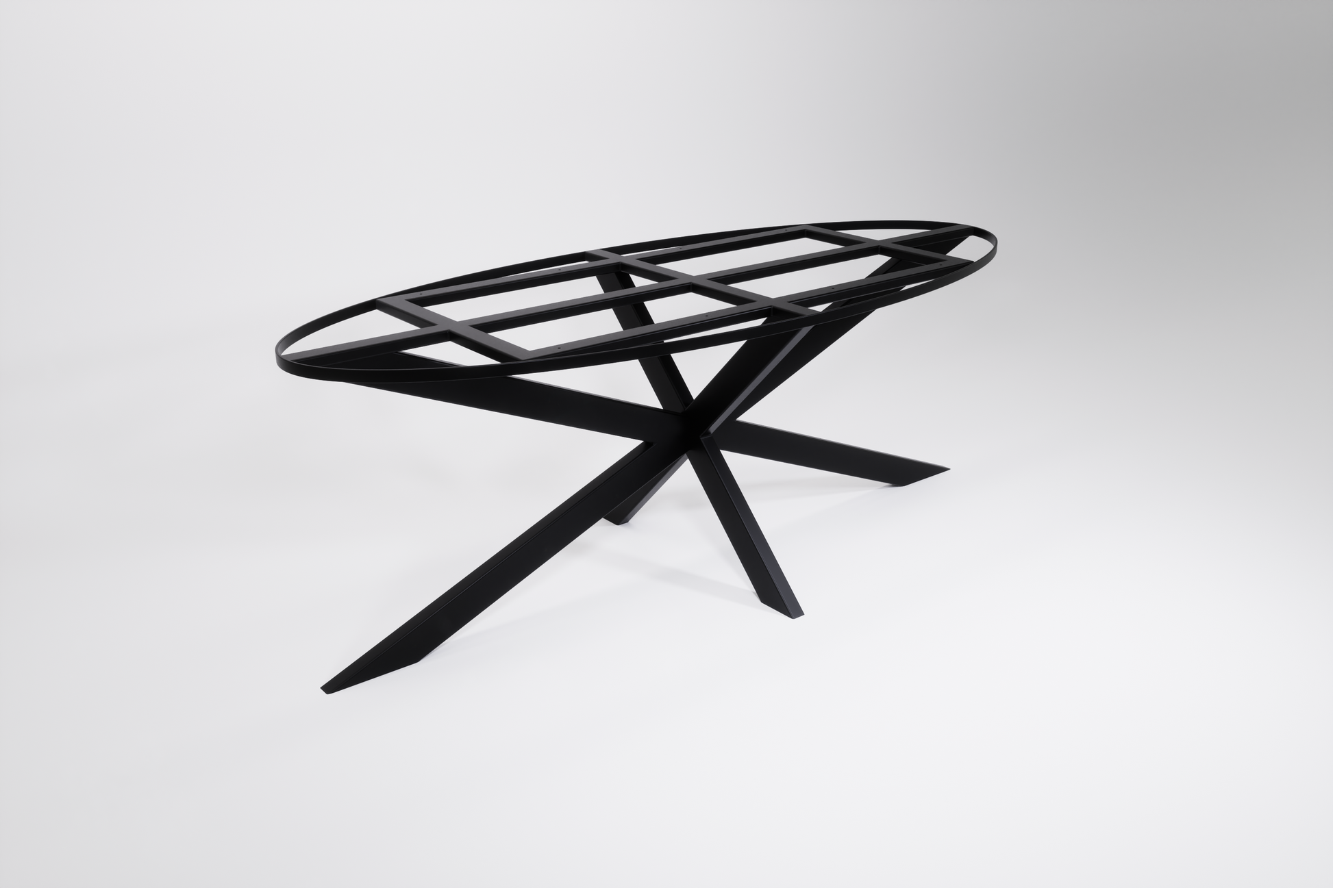 A black oval-shaped heavy-duty steel table base designed for supporting table tops.