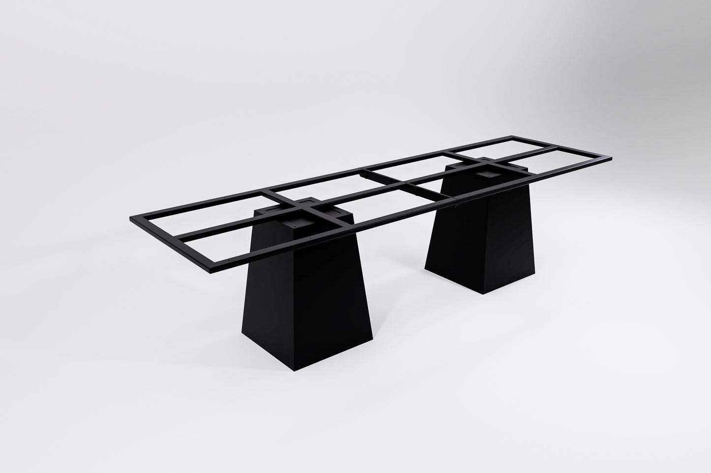 A black metal twin pedestal table base with support frames to support heavy stone top