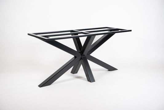 A heavy-duty black steel table base with an X-shaped design, suitable for supporting stone table tops.