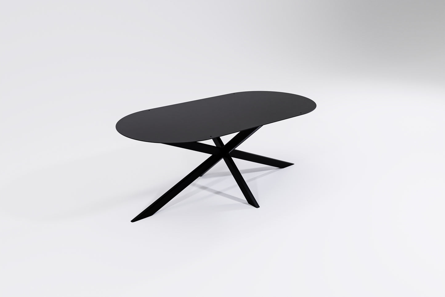 round ends oblong shaped coffee table in black metal with spider legs