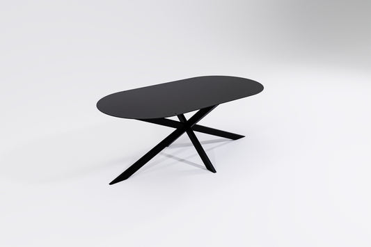 round ends oblong shaped coffee table in black metal with spider legs