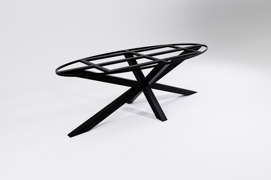 A black oval-shaped table base made of steel, featuring a heavy-duty design with a load limit of 300 kg.